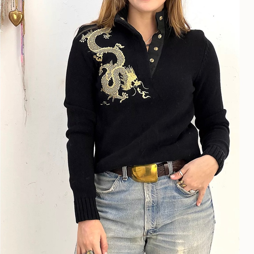 Ralph Lauren Vintage Knit Embroidery Dragon Chinese Mock Button Chunky Metallic